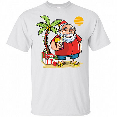 Merry Christmas in July Funny Santa Claus with Cocktail Summer Hawaiian Tee Shirt