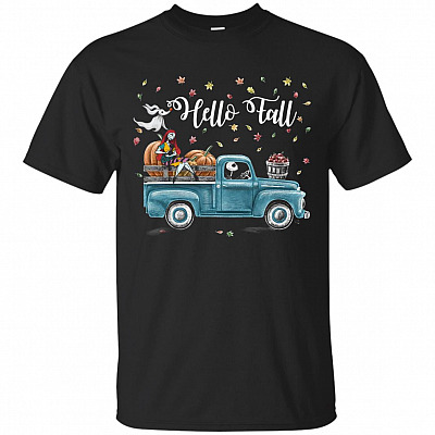 Hello Fall Skellington And Sally Vintage Truck Halloween T-Shirt