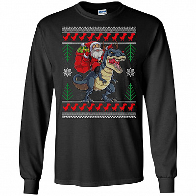 Santa Riding Dinosaur Funny Christmas Hoodie - Sweatshirt - Long Sleeve Shirt