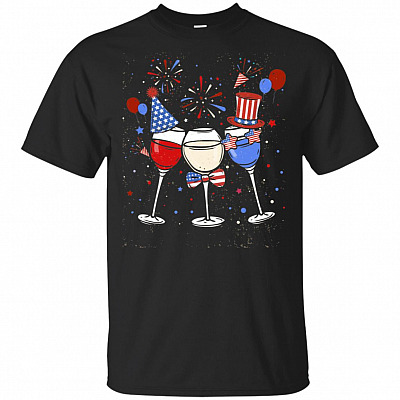 4th Of July Firework Red White Blue Wine Glasses American Flag Patriotic T-Shirt