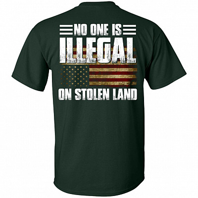 Alternative view of No One is Illegal On Stolen Land Flag Equality Print On Back T-Shirt - V-Neck Shirt