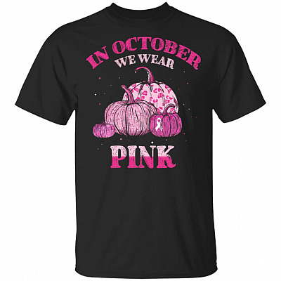 In October We Wear Pink Pumpkin Halloween T-Shirt V-neck - Fun Breast Cancer Fighting Awareness Shirt