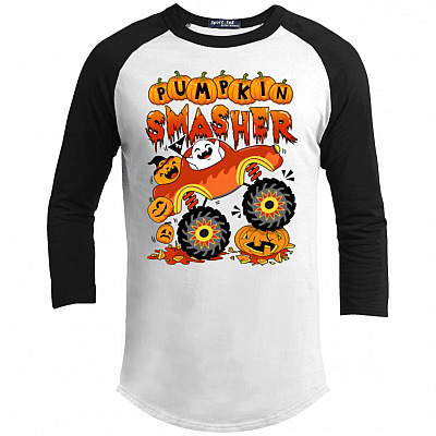 Pumpkin Smasher Cute Monster Truck Kids Halloween 3/4 Raglan Jersey – Long Sleeve Shirt – Baseball Tee