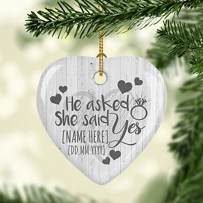 Alternative view of Personalized Engagement He Asked She Said Yes Ornament Keepsake-Wedding Flat Heart Porcelain Ceramic Ornament