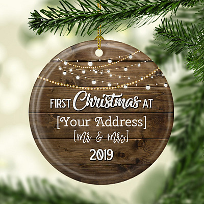 Alternative view of First Christmas at Address New Home Personalized Ornament Keepsake - Holiday Flat Circle Porcelain Ornament