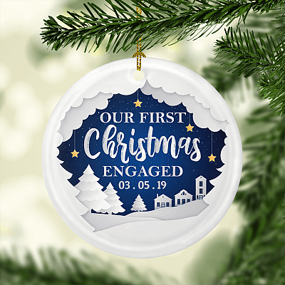 Alternative view of Our First Christmas Engaged Personalized Christmas Ornament Keepsake - Circle Porcelain Ceramic Ornament