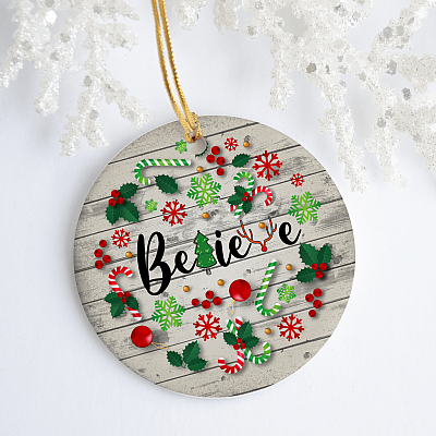 Alternative view of Believe Christmas Ceramic Circle Ornament - Funny Christmas Ornament