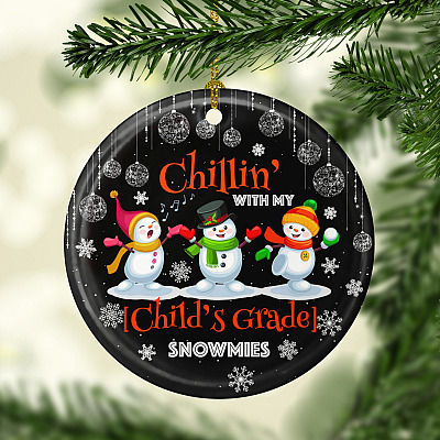 Alternative view of Chillin' With My Child's Grade Snowmies Ceramic Circle Personalized Christmas Ornament
