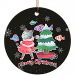 Meowy Christmas Decorative Christmas Ornament Keepsake - Holiday Flat Circle Porcelain Ceramic Ornament