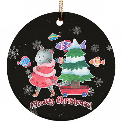 Meowy Christmas Decorative Christmas Ornament Keepsake - Holiday Flat Circle Porcelain Ceramic Ornament