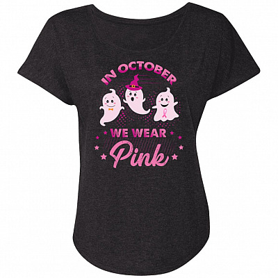 In October We Wear Pink Pumpkin Halloween Ladies T-Shirt - Fun Breast Cancer Fighting Awareness Lady Shirt