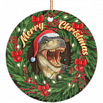 Merry Christmas T-Rex Christmas Ornament Keepsake - Circle Porcelain Ceramic Ornament