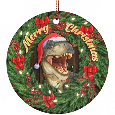 Merry Christmas T-Rex Christmas Ornament Keepsake - Circle Porcelain Ceramic Ornament