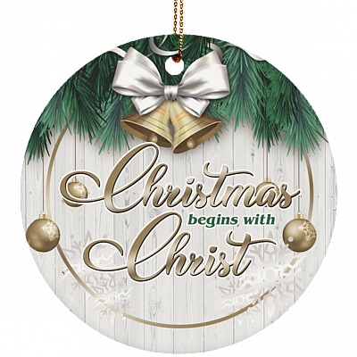 Christmas Begins With Christ Decorative Christmas Ornament - Holiday Flat Circle Porcelain Ceramic Ornament