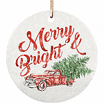Merry and Bright Red Truck with Tree Ornament Christmas Ornament Keepsake - Circle Porcelain Ceramic Ornament