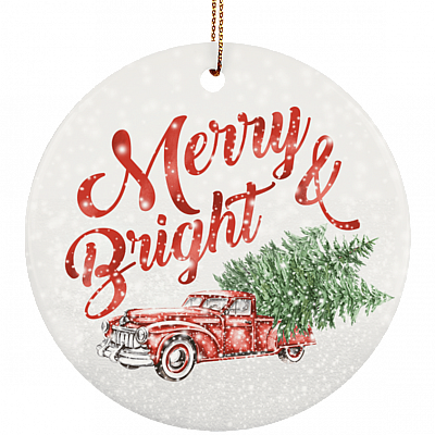 Merry and Bright Red Truck with Tree Ornament Christmas Ornament Keepsake - Circle Porcelain Ceramic Ornament
