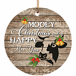 Mooey Christmas And A Happy Moo Year Ornament Keepsake - Holiday Flat Circle Porcelain Ceramic Ornament
