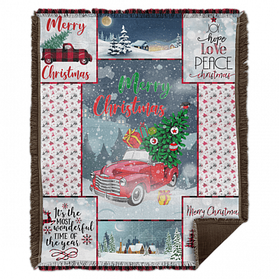 Merry Christmas Plaid Red Truck Sherpa Woven Blanket - This Is My Christmas Movie Watching Fleece Blanket