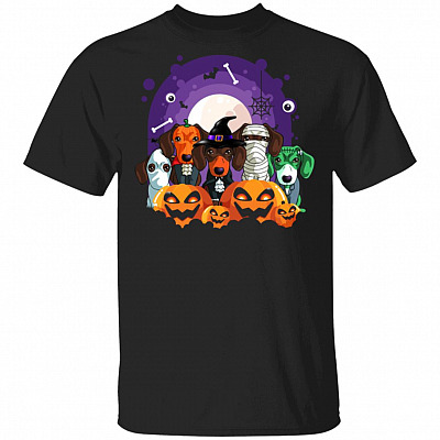 Funny Halloween Witch Dog Scary Movies Characters T-Shirt For Dachshund Mom Dad