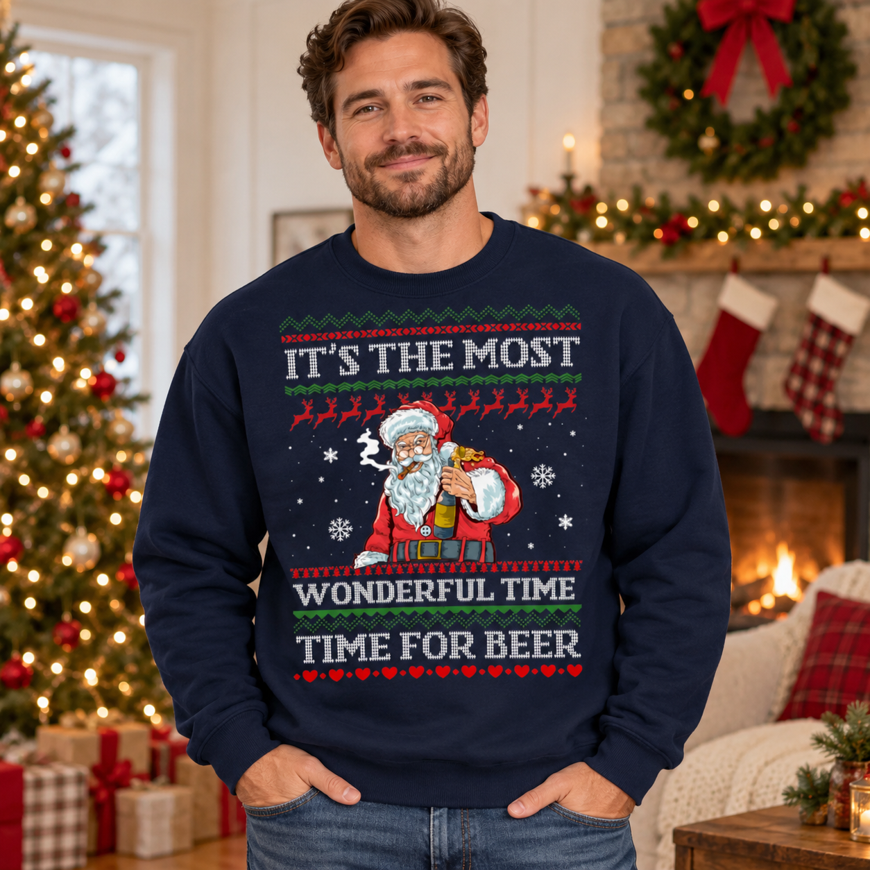 Funny Xmas Santa It's The Most Wonderful Time For A Beer Ugly Christmas Sweater - Image 6