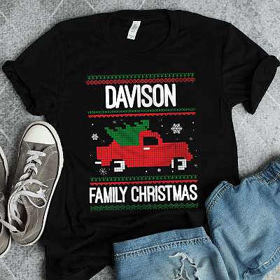 Alternative view of Red Truck Family Ugly Christmas Tree T-Shirt Funny Xmas Gift Personalized Gift Tee