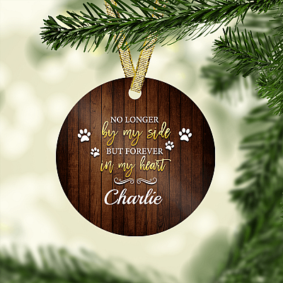 Alternative view of No Longer By My Side. But Forever In My Heart Flat Circle Porcelain Ceramic Custom Personalized Dog Memorial Christmas Tree Ornament