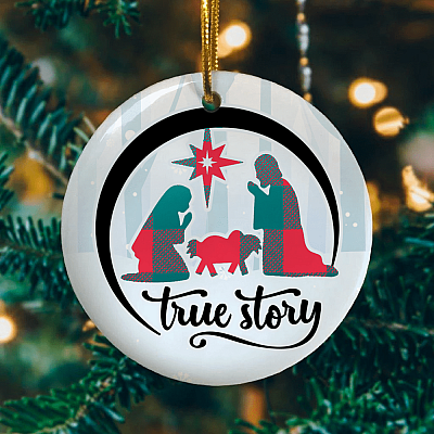 Alternative view of True Story Christmas Manger Nativity Scene Buffalo Plaid Christmas Ornament Keepsake - Circle Ceramic Ornament