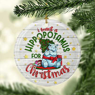 Alternative view of I Want A Hippopotamus For Christmas Ornament Keepsake - Hippopotamus Lover Holiday Flat Circle Ornament