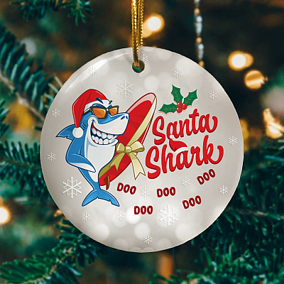 Alternative view of Santa Shark Merry Christmas Doo Doo Ornament Keepsake - Funny Shark Xmas Circle Porcelain Ceramic Ornament