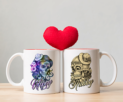 Alternative view of Hubby Wifey Couple Skull Ceramic Coffee Mug - Beer Stein - Water Bottle - Color Changing Mug