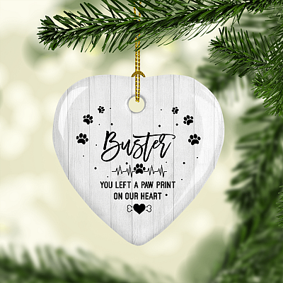 Alternative view of You Left Paw Prints On Our Heart Flat Heart Porcelain Ceramic Custom Personalized Dog Memorial Christmas Tree Ornament