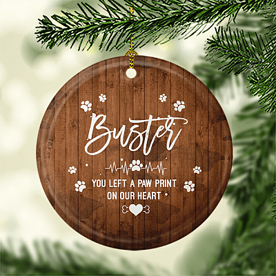 Alternative view of You Left Paw Prints On Our Heart Flat Circle Porcelain Ceramic Custom Personalized Dog Memorial Christmas Tree Ornament