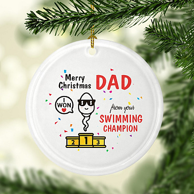 Alternative view of Merry Christmas Dad from Your Swimming Champion Christmas Ornament Keepsake - Circle Porcelain Ceramic Ornament
