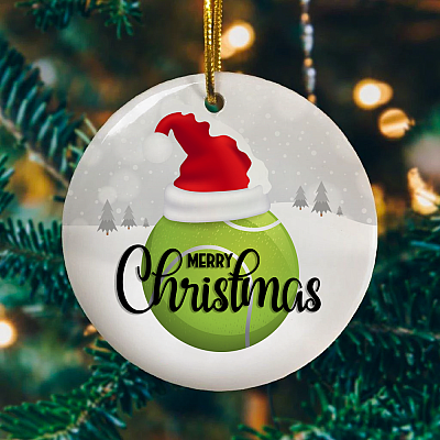 Alternative view of Merry Christmas Tennis Lover Christmas Ornament Keepsake - Holiday Flat Circle Porcelain Ceramic Ornament