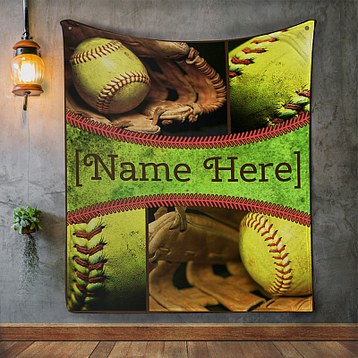 Alternative view of Customized Name Softball Fan Lover Blanket Gift Idea - Personalized Name Softball Gloves Fleece Blanket