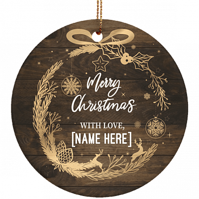 Merry Christmas With Love Personalized Decorative Christmas Ornament Keepsake - Holiday Flat Circle Porcelain Ceramic Ornament
