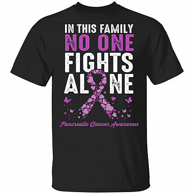 In This Family No One Fights Alone Pancreatic Cancer Awareness Purple Ribbon T-Shirt