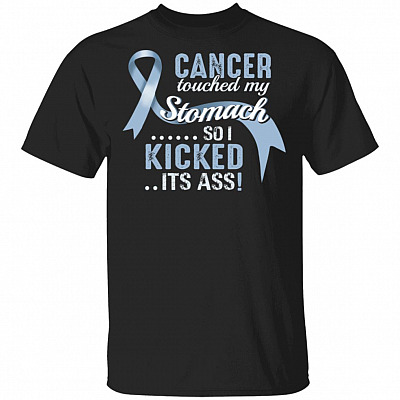 Funny I Kicked Its Ass Stomach Cancer Awareness Periwinkle Ribbon T-Shirt
