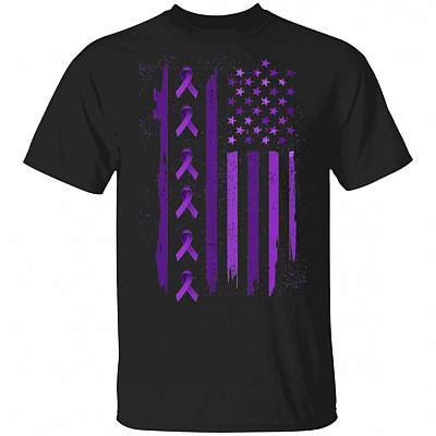 Pancreatic Cancer Awareness Purple Ribbon USA Flag T-Shirt