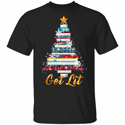 Get Lit This Christmas - Book Christmas Tree T-Shirt - Book Xmas Tee