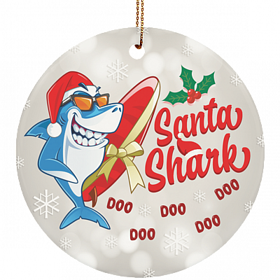 Santa Shark Merry Christmas Doo Doo Ornament Keepsake - Funny Shark Xmas Circle Porcelain Ceramic Ornament