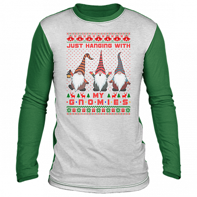 Three Gnomes in Red Christmas Just Hanging with My Gnomies Ugly Christmas Sweater Long Sleeve copy