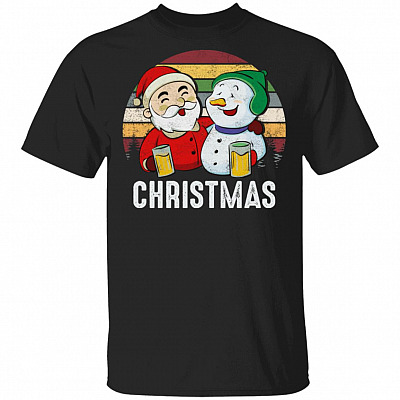 Vintage Santa Claus And Snowman Drinking Beer Ugly Christmas T-Shirt