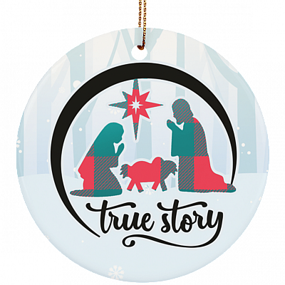 True Story Christmas Manger Nativity Scene Buffalo Plaid Christmas Ornament Keepsake - Circle Ceramic Ornament