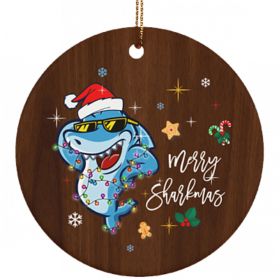 Merry Sharkmas Santa Shark Christmas Ornament Keepsake - Holiday Flat Circle Porcelain Ceramic Ornament