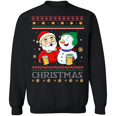 Funny Santa Claus And Snowman Drinking Beer Ugly Christmas Sweater