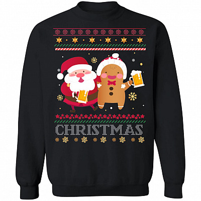 Funny Santa Claus And Gingerbread Drinking Beer Ugly Christmas Sweater