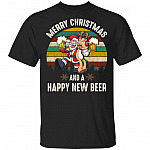 Vintage Xmas Santa And Red Nose Reinbeer Merry Christmas And A Happy New Beer Ugly Christmas Funny T-Shirt
