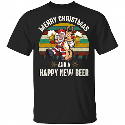 Vintage Xmas Santa And Red Nose Reinbeer Merry Christmas And A Happy New Beer Ugly Christmas Funny T-Shirt