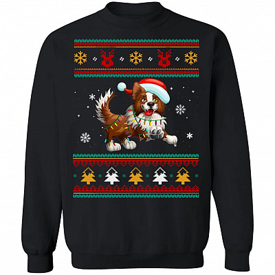 Border Collie Christmas Lights Tree Ugly Sweater Funny Xmas Gift Tee For Dog Lovers